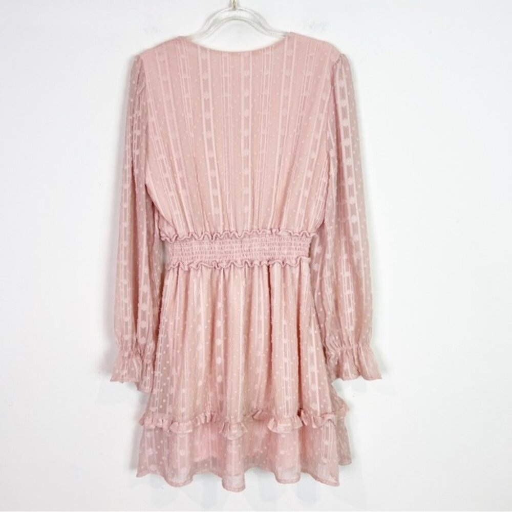 Emerald Sundae Swiss Dot Dress, Pink, Long Sleeve, Smocked Waist. Size S - Picture 3 of 4